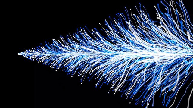 Optical fiber abstract blue particle stream, glowing dots motion on black background. spreading blue fiber wires in space, artificial Intelligence network data flowing Inside of optical fibers.