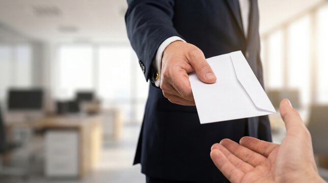 Businessman giving an envelope to another person in a blurred office setting.