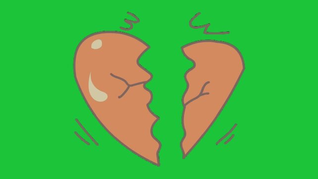 Animated green screen video showing a broken heart illustration with sad emotion and heartbreak concept