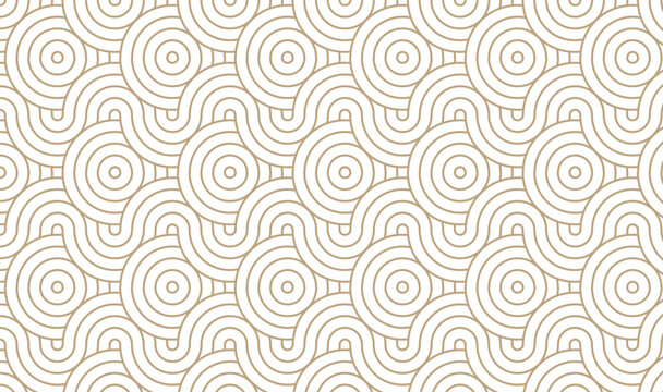Beige Seamless Geometric Pattern with Concentric Circles and Interlocking Wavy Lines Abstract Background 