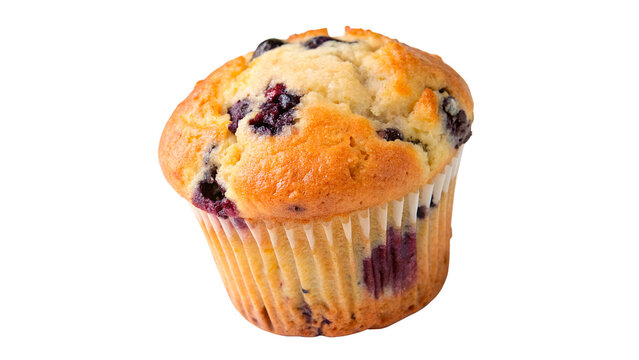 Sweet delicious fresh baked blueberry muffin with golden crust isolated on transparent background