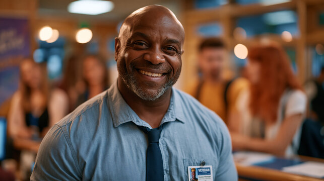 Former Army sergeant wearing business casual attire at community college orientation desk, veteran student ID card visible, classmates around him, higher education reentry, postservice academic life