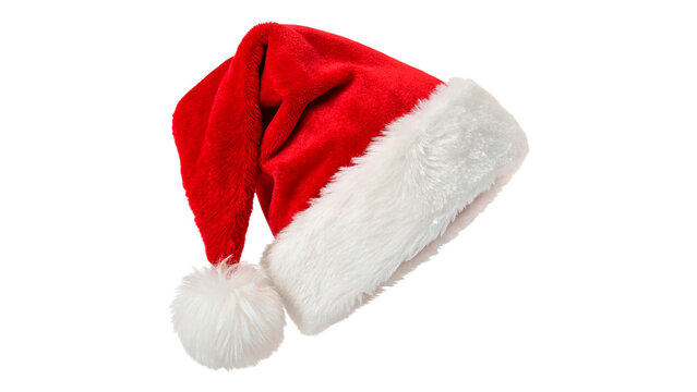 Classic red and white plush Christmas Santa Claus hat isolated on transparent background