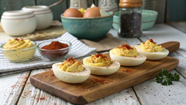 Deviled eggs with paprika served on a wooden board in a rustic kitchen setting