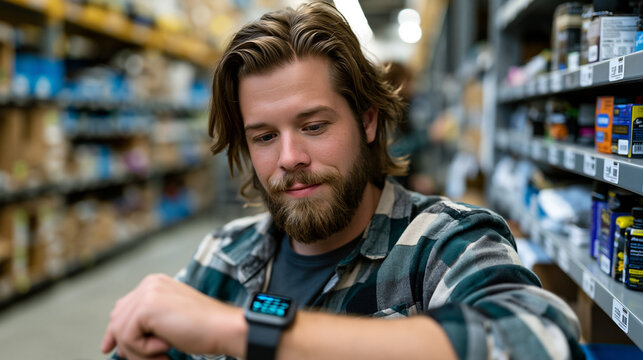 Predictive restocking AI alert notification appearing on fulfillment associate's smartwatch mid-shift, associate pausing beside empty shelf section, warehouse aisle stretching behind, process in act