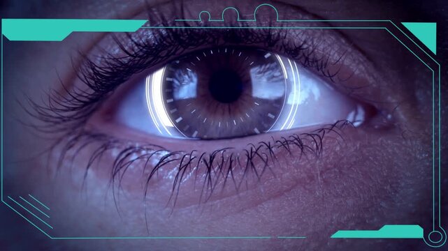 Futuristic close up macro shot of human eye with cybernetic overlay showing digital data scan and biometric authentication process high tech vision system in action