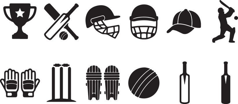 Cricket equipment and accessories icon set