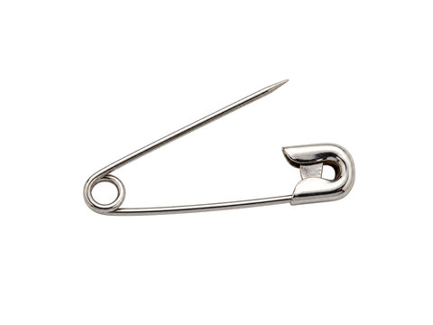 Open metal safety pin isolated on white background