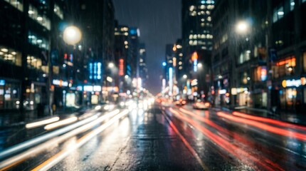 Obraz premium Vibrant city nightscape with captivating long exposure light trails illuminating wet streets and towering buildings