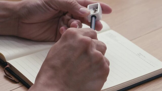 Close-up of a person sharpening a pencil, showing school supplies, writing preparation, creativity, studying, and everyday stationery use