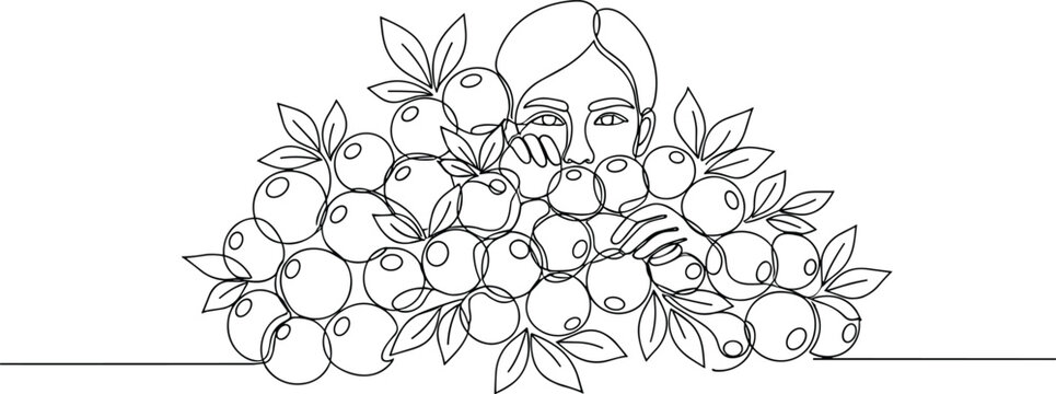 Woman's face hidden behind a lush cluster of fruit and leaves in a beautiful line art illustration