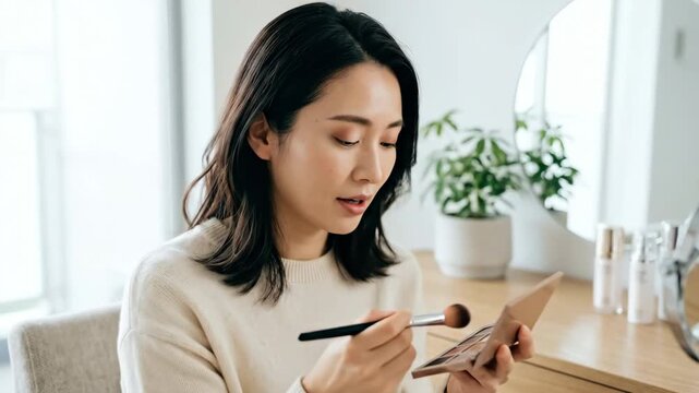 Pretty Asian woman applying cosmetics while holding a brush and palette, smiling beauty portrait with makeup routine and elegant self-care styling, soft natural light, realistic detail, clean