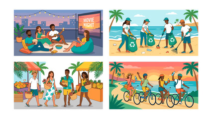 Fototapeta premium Four Seasons of Coastal Life: A vibrant collage depicting the diverse experiences of life by the sea throughout the year, from outdoor movie nights to beach cleanups, market strolls.