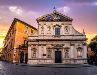 Obraz premium Historic Baroque Church Facade Glowing at Sunset on Quiet Cobblestone Street