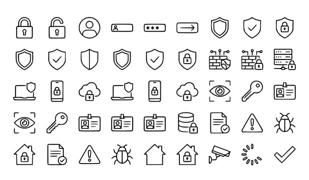 Minimal internet security icon collection with cyber lock firewall password and shield outline vector set