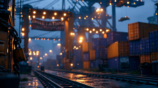 Port container yard at twilight blue hour during labor action, symbolic still life of padlocked terminal gate with protest banner, idle reefer containers humming in rows, security lighting flickerin
