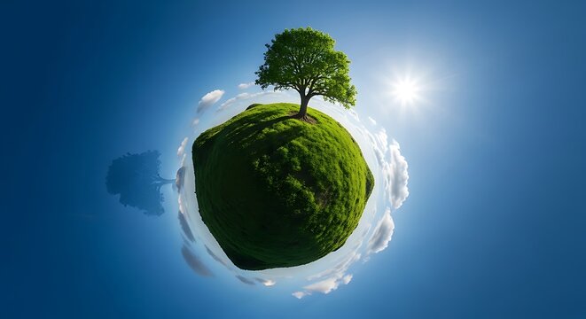 Surreal little world with a single oak tree standing on a lush green grassy hill