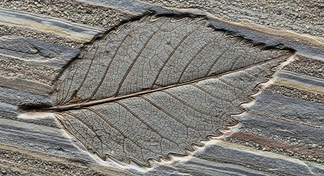 Fossil leaf preserved in stone close up