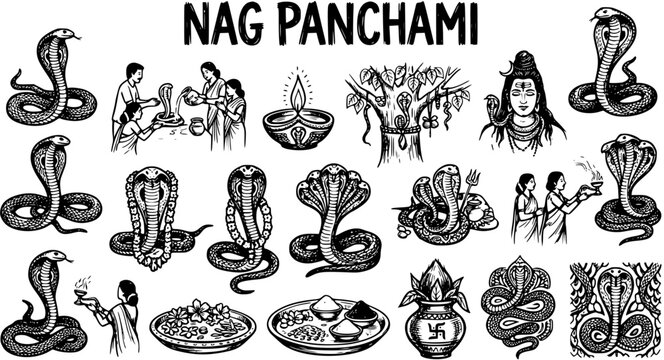 Nag Panchami Hindu Festival Black and White Line Art. Hand-drawn set of cultural and religious symbols: cobras, Lord Shiva, puja rituals, offerings, for Indian celebrations.