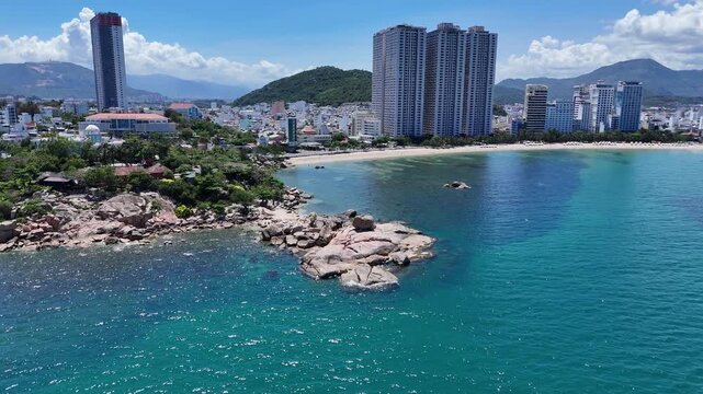 Aerial view of Hon Chong cape or garden of stones with cityscape of Northern Nha Trang city, central Vietnam.