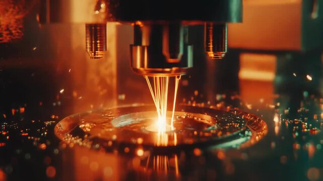 Industrial machine precision manufacturing a metal object with a focused laser beam, creating sparks and glowing material during the modern additive fabrication process