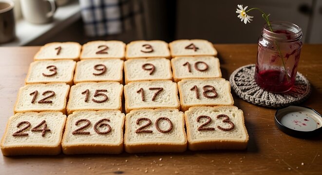 Creative advent calendar with sliced bread and chocolate