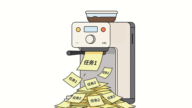 Minimalist flat line art illustration of an espresso machine spitting out numbered yellow task notes, visual metaphor for work overload and endless pending task accumulation