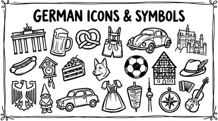 German Icons and Symbols Vector Art: Landmark, Beer, Pretzel, Car, Castle, Hot Dog, Clock, Cake, Dog, Soccer, House, Hat, Eagle, Gnome, Dress, Food, Tower, Compass, Violin, Accordion © louise