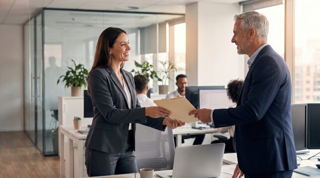 Professional business colleagues exchanging documents in a modern office environment.