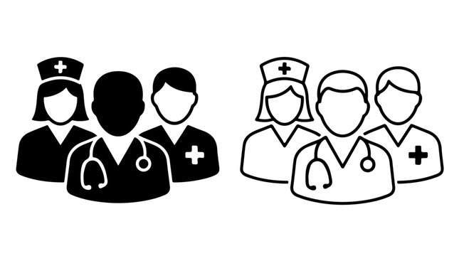 Black‑and‑white medical team icons, minimalist design representing doctors and nurses working together in healthcare collaboration and service