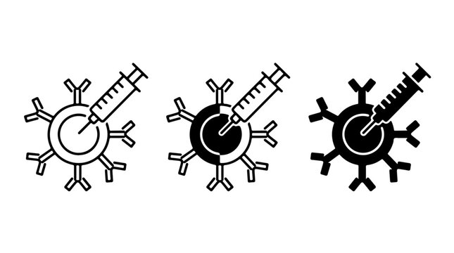 Three immunotherapy icons with syringes injecting stylized virus cells, minimalist design symbolizing medical innovation and immune system treatment