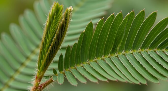 Close up of a mimosa pudica plant leaves