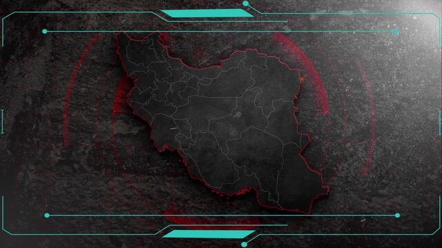 Dynamic abstract digital visualization of iran's map outline featuring a dark textured background with red streaks and futuristic teal hud elements symbolizing global connection