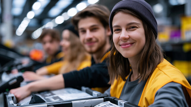 E-commerce fulfillment team members processing returned parcels at sorting station, group dynamic focused and efficient, seasonal peak workflow, barcode scanners beeping, branded packaging stacked i