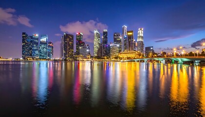 Fototapeta premium A city skyline at dusk reflected in a calm body of water