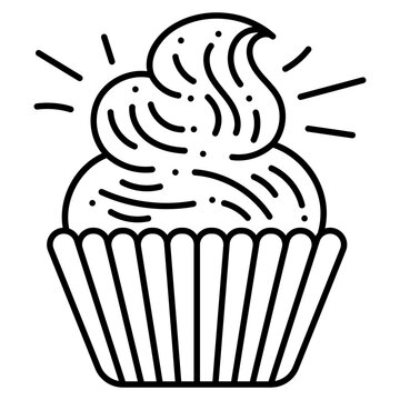 Outline cupcake icon with creamy frosting, sprinkles, and bakery dessert style.