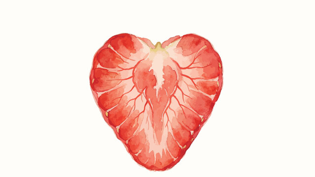 Soft Delicate Watercolor Illustration of a Heart-Shaped Sliced Strawberry Cross Section on Plain Clean Off-White Background