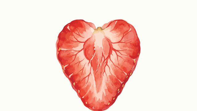 Watercolor Illustration of Heart-Shaped Strawberry Cross Section Slice, Delicate Transparent Wash Botanical Art on Off-White Paper