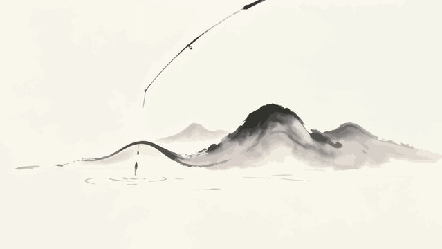 Minimalist East Asian Sumi-e Ink Wash Surreal Landscape: Fishing Rod Blending Seamlessly Into Misty Mountains, Lone Hooked Fish Above Rippled Calm Water