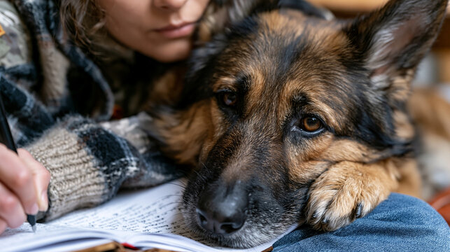Military working dog resting head on handler's knee inside barracks bunkroom, handler writing in journal, emotional bond between soldier and canine, service animal companionship, veteran mental well