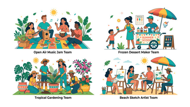 Summer Team Activities Collage: A vibrant collage showcasing four distinct summer team activities: an open-air music jam, a frozen dessert vendor, a tropical gardening team.