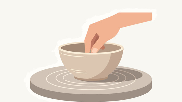 Minimalist flat vector illustration of a hand shaping an unfinished clay bowl on a pottery wheel, soft warm neutral palette on plain off-white background