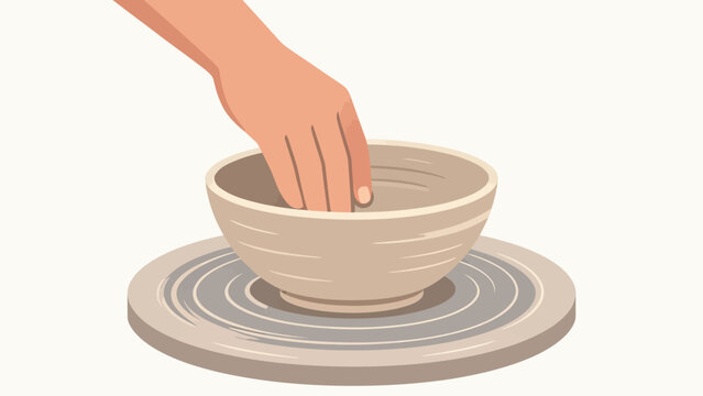 Minimalist flat style illustration of a person's hand shaping an unfinished raw clay bowl on a rotating pottery wheel, soft neutral tones on plain white background