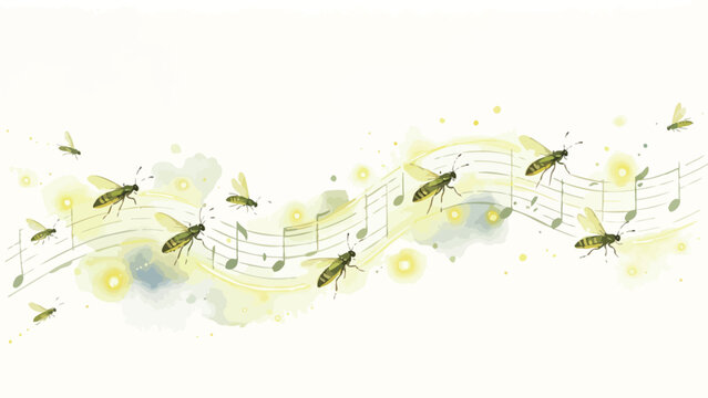 Whimsical Watercolor Illustration of Glowing Fireflies Arranged Along a Wavy Musical Staff, Evoking the Quiet Melody of Summer Nights