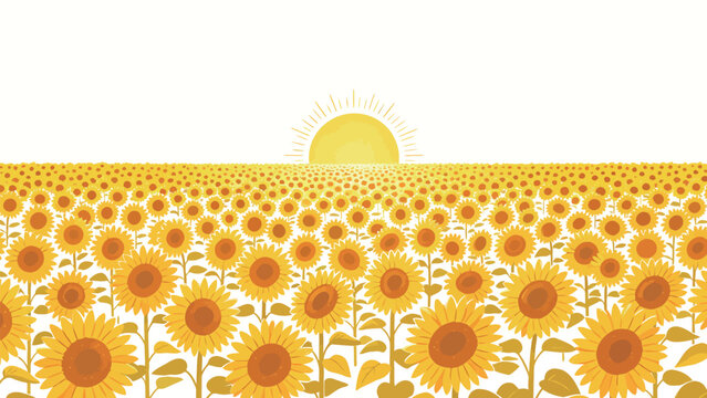 Minimalist Flat Illustration of a Vast Endless Sunflower Field, Rising Half Sun Peeking Over Horizon, Bright Warm Yellow Cheerful Uplifting Nature Art