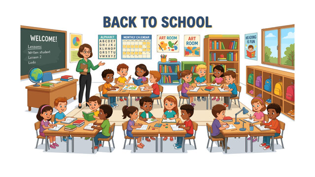 Back To School Classroom Scene: A lively illustration of a classroom setting with a teacher instructing a diverse group of enthusiastic young students engaged in various learning activities.