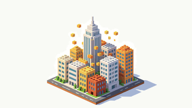 Isometric Voxel Block-Style 3D Miniature Downtown Cityscape with Central Skyscraper, Floating Yellow Cubes, Warm Palette on Plain White Background
