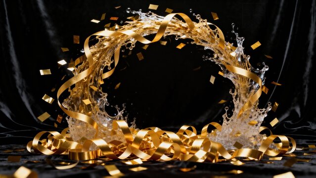 Golden Ribbon Splash with Confetti and Water Droplets on Black Background, Luxury Celebration and Festive Event Concept, premium commercial stock image featuring modern professional visual compo siyam