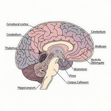 Detailed labeled diagram of human brain anatomy.