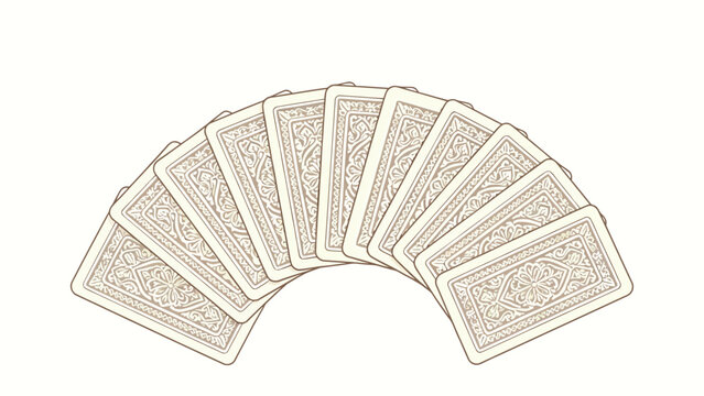 Face-Down Ornate Scroll-Patterned Playing Cards Fanned in a Smooth Semicircular Arc, Neutral Beige Cream Line Art Illustration on Plain Off-White Background